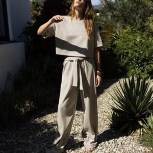 Zara Nude Tan Beige Stone Tied Cotton Wide Leg Pants Small